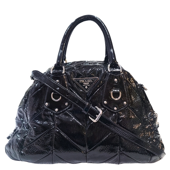 PRADA Vernis Chevron Dome Satchel in Nero Bowler Handbag W/ Shoulder Strap MINT - Picture 1 of 16
